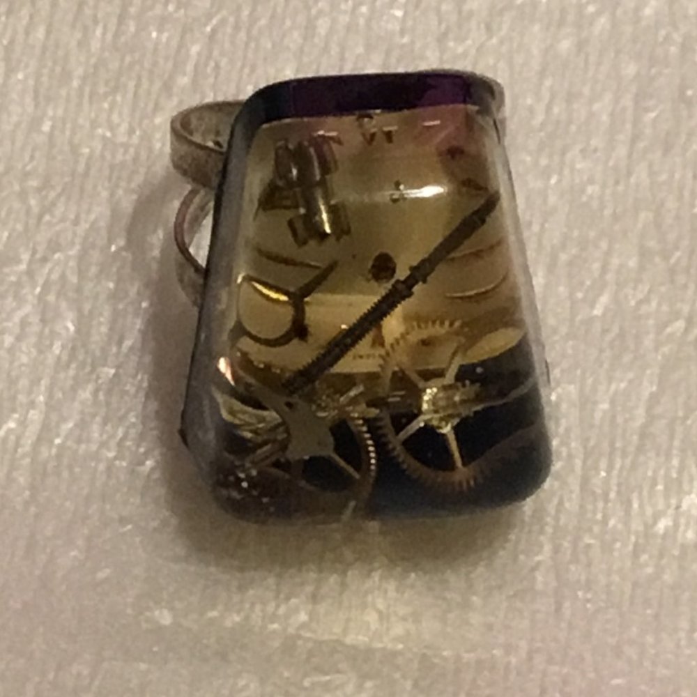 Vintage Lucite clear plastic steampunk fashion watch parts ring